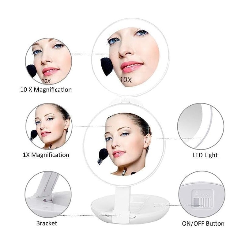 1 miroir de maquillage à LED double face pliable avec loupe et miroir de voyage portable avec lumière LED en plein jour (blanc)