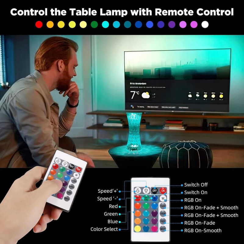 YUNYODA Lampe de Table Led en Cristal, Lampe de Chevet Moderne Sans Fil Tactile Dimmable Avec Télécommande 16 Couleurs et 4