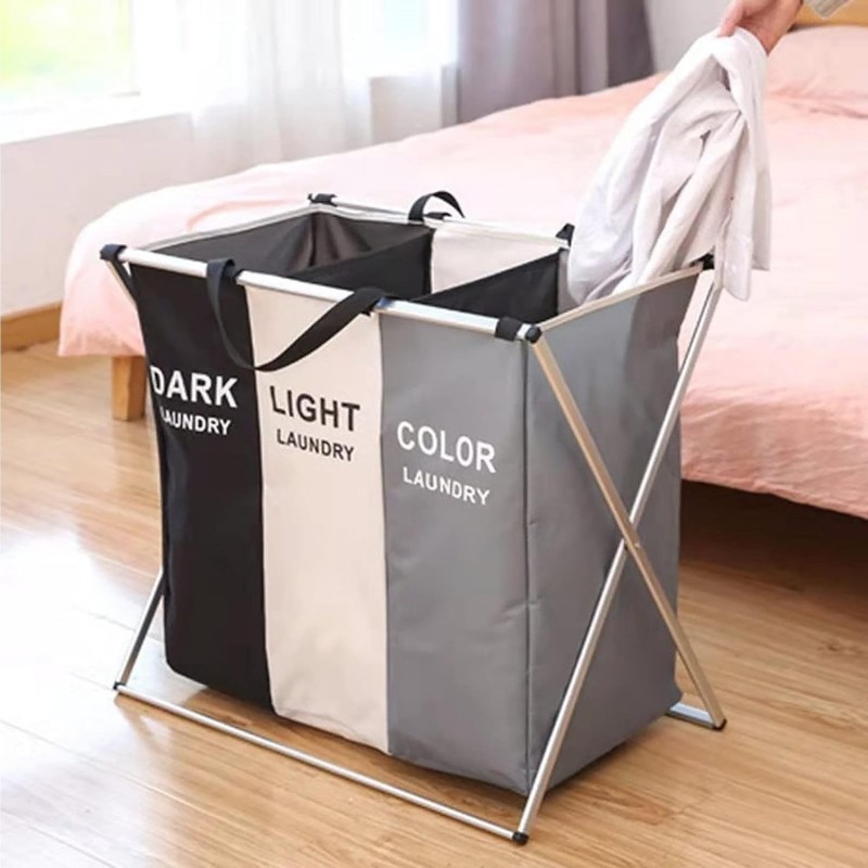 Panier à linge pliable à 3 sections - Pliable - Imperméable - Sacs Oxford et cadre en aluminium - Sac à linge sale pour salle de
