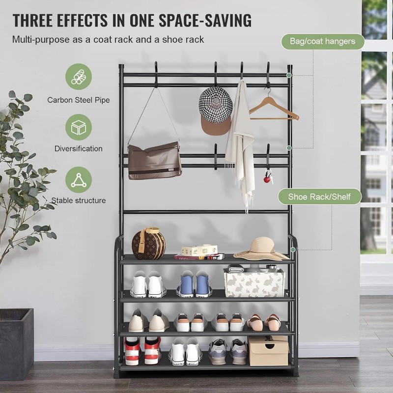 Klrbiqy 4 Tier Porte-chaussures Porte-manteau Combo, Porte-chaussures et Porte-manteau, Porte-chaussures Freestanding,