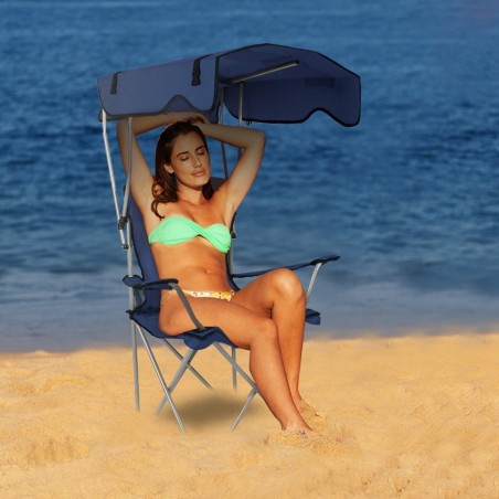 Chaise de camping avec auvent, chaise pliante pour l'extérieur avec parasol réglable UPF 50 + et porte-table, inclinable