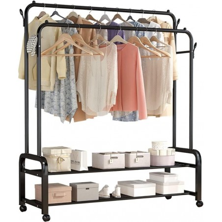 Portant à vêtements sur roulettes – Portant à vêtements portable robuste avec double rail et support de rangement à 2 couches –
