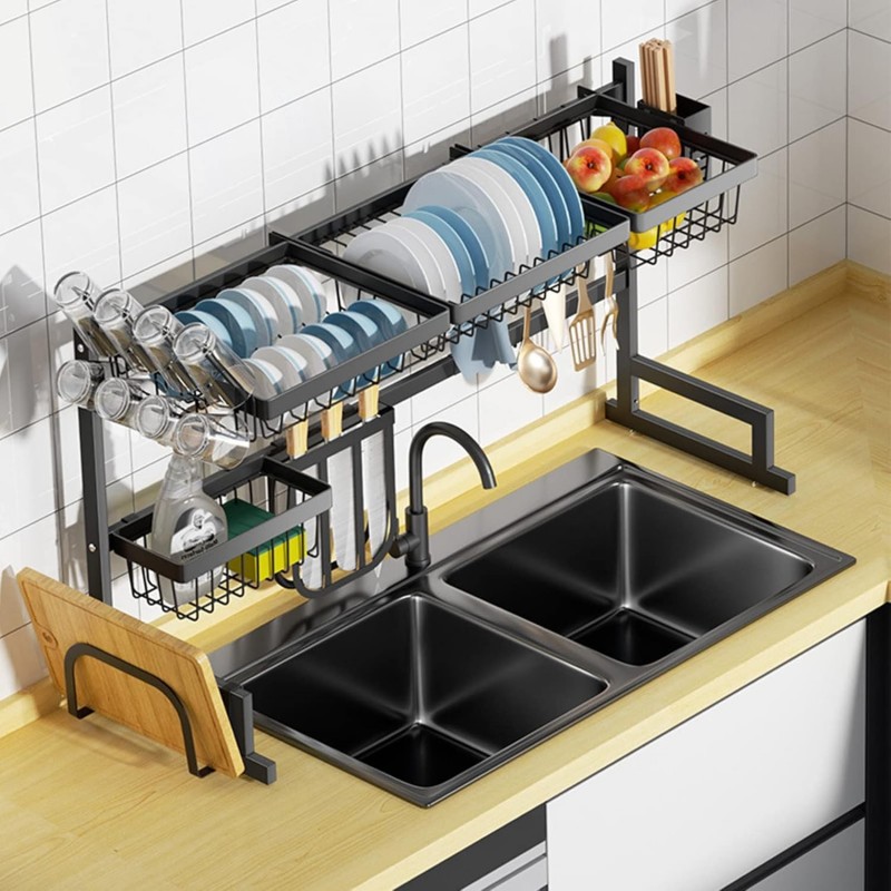 Plasaig Égouttoir à Vaisselle réglable sur l'évier，Largeur réglable(85 à 105CM)，Égouttoir à Vaisselle avec Porte-ustensiles et