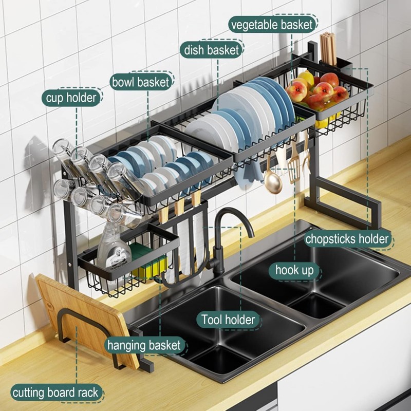 Plasaig Égouttoir à Vaisselle réglable sur l'évier，Largeur réglable(85 à 105CM)，Égouttoir à Vaisselle avec Porte-ustensiles et