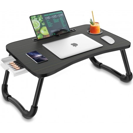 Zapuno Foldable Laptop Bed Table Multi-Function Lap Serving Tray Dining Table with Storage Drawer and Water Bottle Holder, Slot