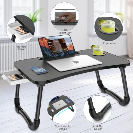 Zapuno Foldable Laptop Bed Table Multi-Function Lap Serving Tray Dining Table with Storage Drawer and Water Bottle Holder, Slot